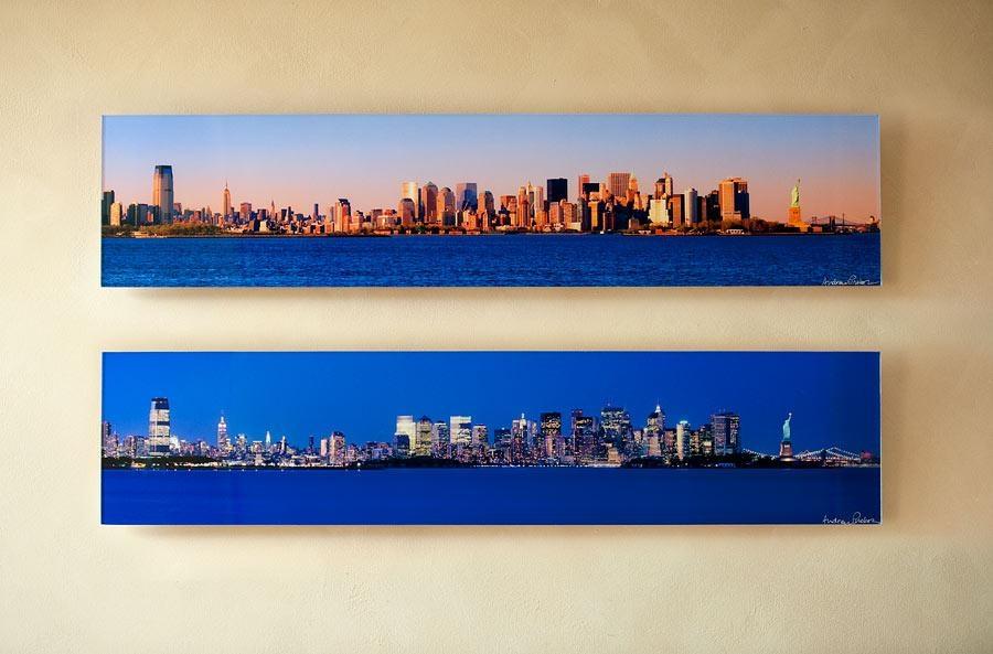 Matched set of gallery-mounted New York skylines by photographer Andrew Prokos