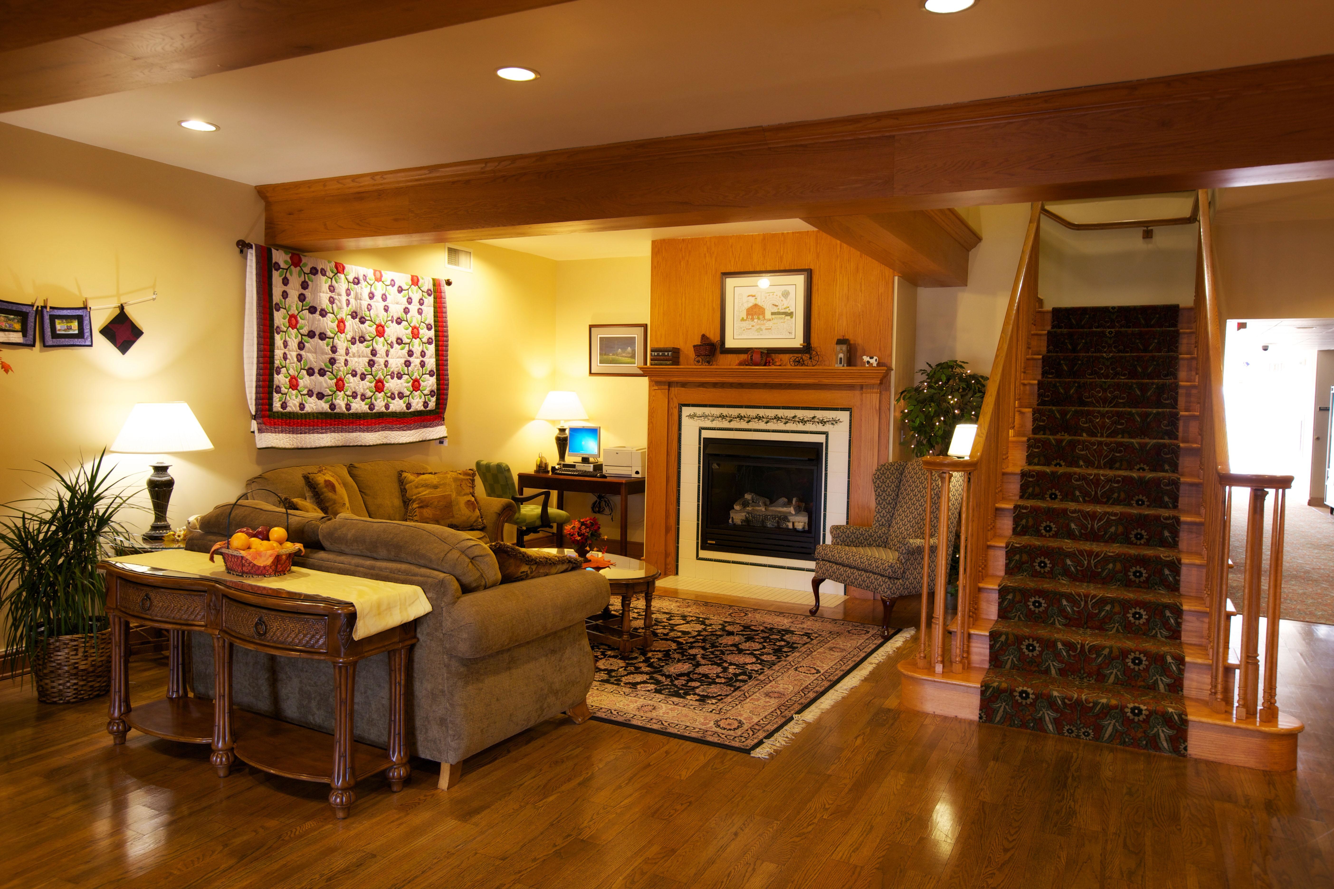 Hotel lobby sitting area and fireplace