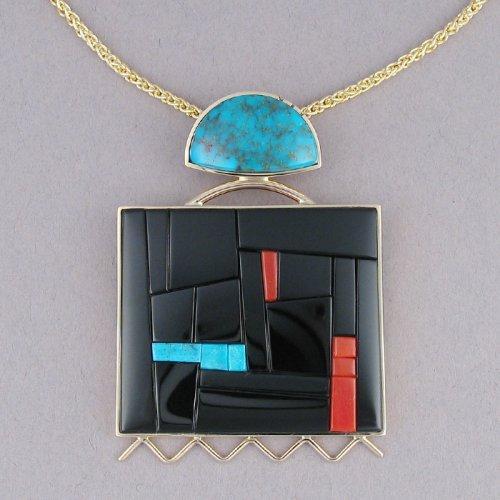 14K Gold Pendant with Inlaid jade, turquoise and coral by San Felipe Pueblo jeweler Richard Chavez