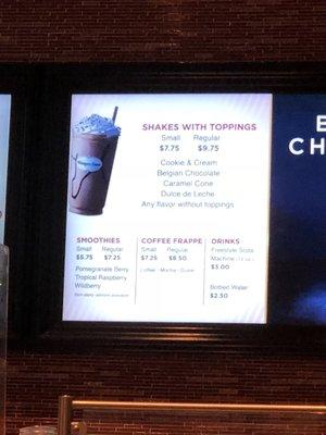 Menu of the shakes