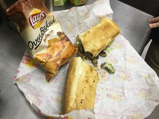 Philly cheesesteak with oven baked bbq chips $10