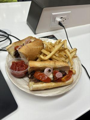 Short rib sandwich and fries