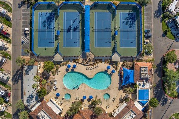 Aerial view of only 4 out of 10 tennis courts at the Resort.