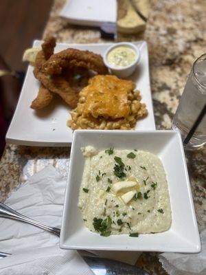 Fried catfish with grits and Mac and cheese