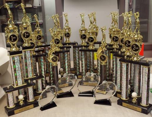 Trophies and crystal awards for the Aquia Harbor Golf Tournament