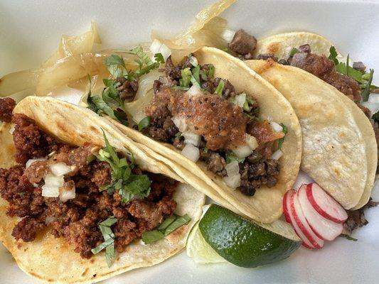 Chorizo taco (left), carne asada taco (middle), and lengua taco (right)