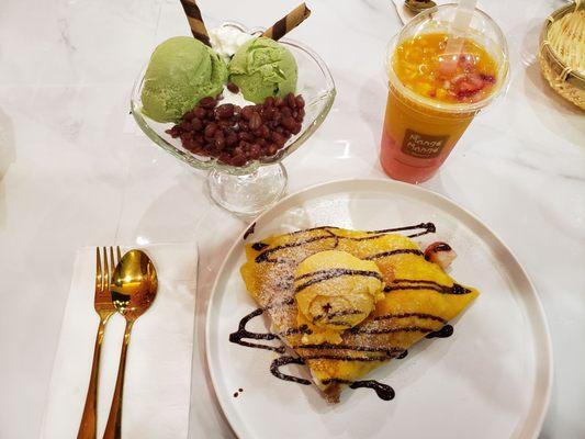 Strawberry Mango Strawberry Nutella Crepe with Mango Ice Cream, and Snow White Juice & Red Bean with Green Tea Ice Cream