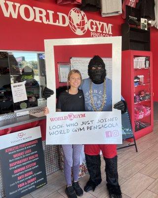 Gorilla Joe is the World Gym Pensacola mascot! He is a friendly gorilla, don't worry!