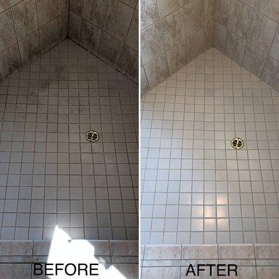 Sample work of:
Soap scum scrape
Deep clean
Grout Patch
Reseal
Recaulk