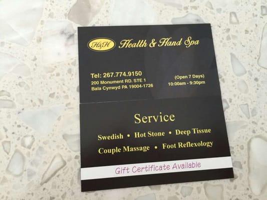 Health & Hand Spa offers a wide range of massage therapy services. Gift certificates are available!