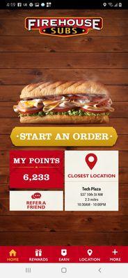 My Firehouse Subs App Main Page, My receipt, My sandwich with the 3 cups of Captains Sauce