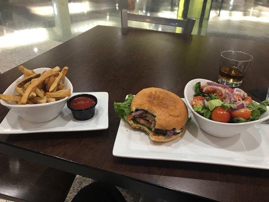 Burger, salad, fries and JD.