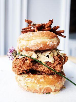 The Navy Yard Bird. Fried Chicken on a Glazed Donut Bun. Pickled Jalapenos. Jerk Slaw. Topped with Fried Sweet Plantain