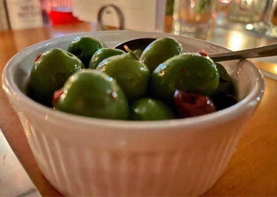 Warm olives.   .   Good way to start the meal!