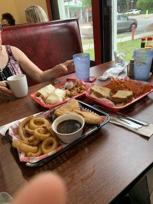 Breakfast burrito, French dip, and a burger Everyone enjoyed their lunches