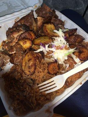 Jollof rice, grilled chicken, plantains