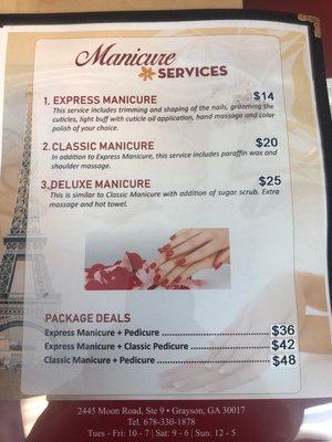 Manicure menu