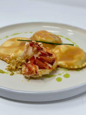 Handmade Lobster ravioli with chive oil for a meal prep dinner