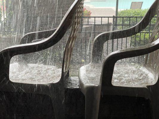 Rainwater from a broken gutter hitting the brick wall and soaking anything on our back porch (chairs up there to show it better.)