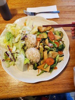 Veggie tofu plate with brown rice