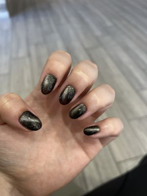 Builder gel manicure with chocolate syrup gel polish and cat eye polish on top.