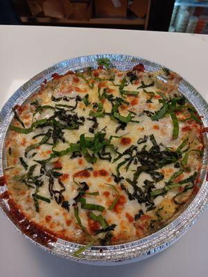 Shepard pie with pizza cheese and basil on top special request on the basil and the pizza cheese.