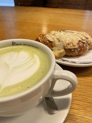 Matcha latte, almond croissant