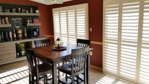 Hunter Douglas New Style Faux Wood Shutters for sliding glass door by Window Happenings