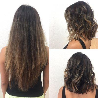 Balayage with golden tips, soft waves, short blunt hair cut