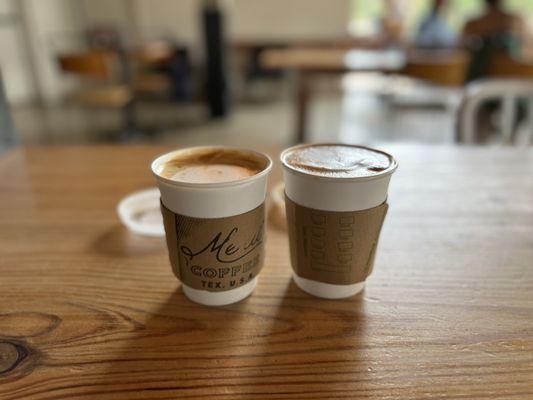 Carmel decaf latte and vanilla latte both with almond milk.