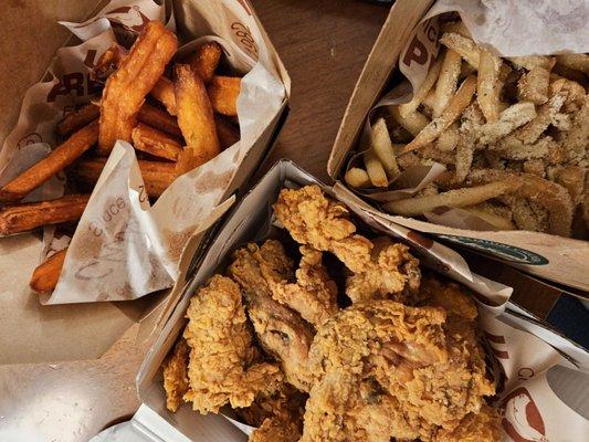 Crispy chicken half, sweet potato fries , shaken fries