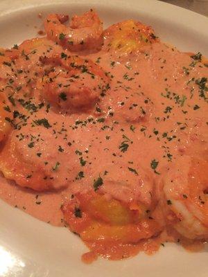 Lobster ravioli and shrimp with vodka sauce.