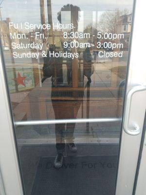 Hours M-F 830A- 5P Sat 9A-3P Sundays & hoidays, Closed