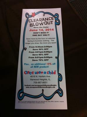 Clearance sale June 14th!