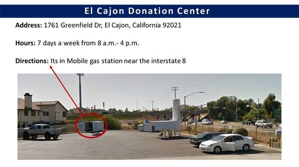 El Cajon Donation Center. If you like a pick-up call us 877.990.VETS. or https://www.teamamvets.com/pick-up/