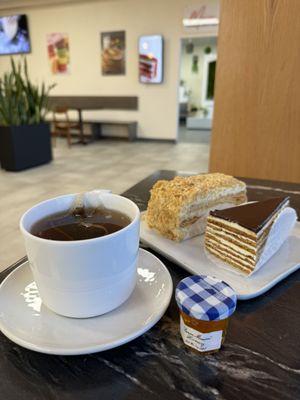 Earl grey tea, honey, bird milk cake and Mille Feuille