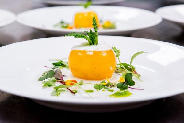 Poached Yellow Tomato with Peach, Honey and Burrata stuffing