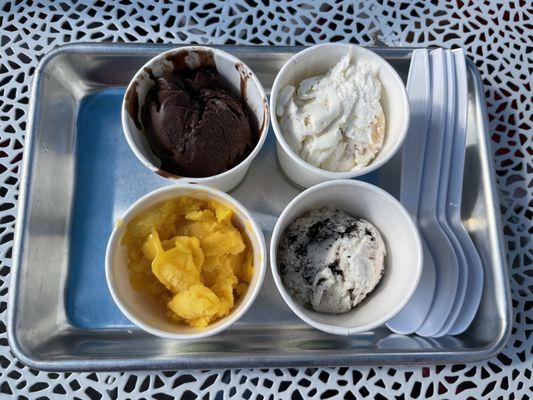 Called the Flight Sampler   Top Row: Killer Chocolate and Pralines Bottom Row: Mango Sorbet and Banana Cookie.