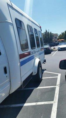 EB Transit "serves" the disabled by  BLOCKING disabled access!  Fremont, Paseo Padre Pkwy, near Mission Hills Jewelry, 8/24/17, 1:30 pm.