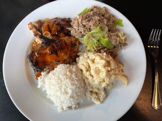 The Waimea plate with Kalua pig and teriyaki chicken. Served with rice and mac salad.