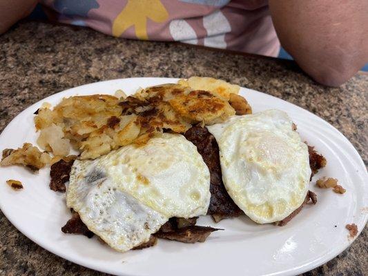 Corn beef hash n potatoes and eggs