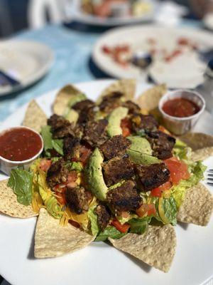 Taco salad with a black bean patty