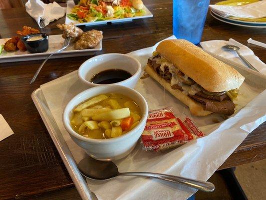 Italian Beef and Swiss Sandwich. Side of chicken noodle soup