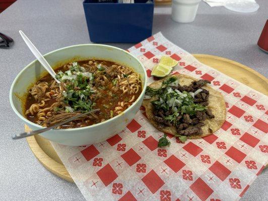 Birria ramen and steak taco