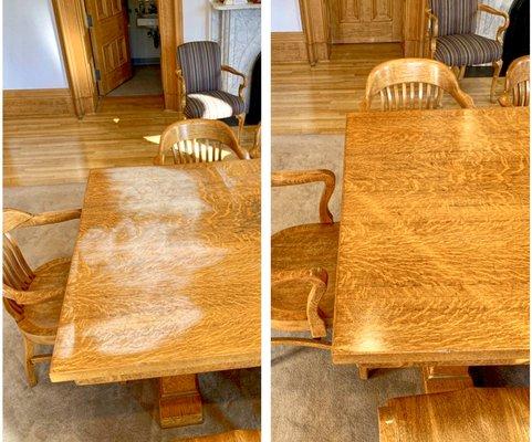 A large water stain could be removed from a tabletop very easily.