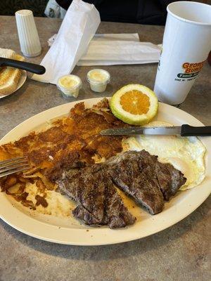 Steak and eggs.