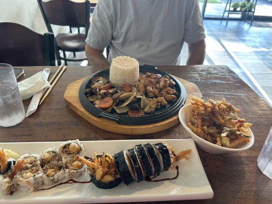 Hibachi chicken meal, tempura veggies, Harley Davis roll and shrimp tempura roll