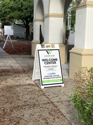 Outside welcome sign come on in and get all the information you need!