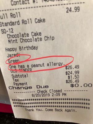 The receipt showing the green request and peanut allergy..