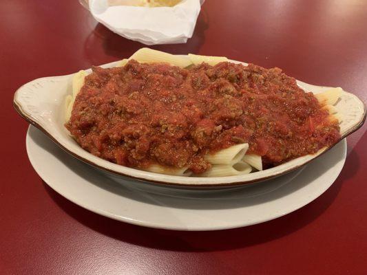 Penne with meat sauce.